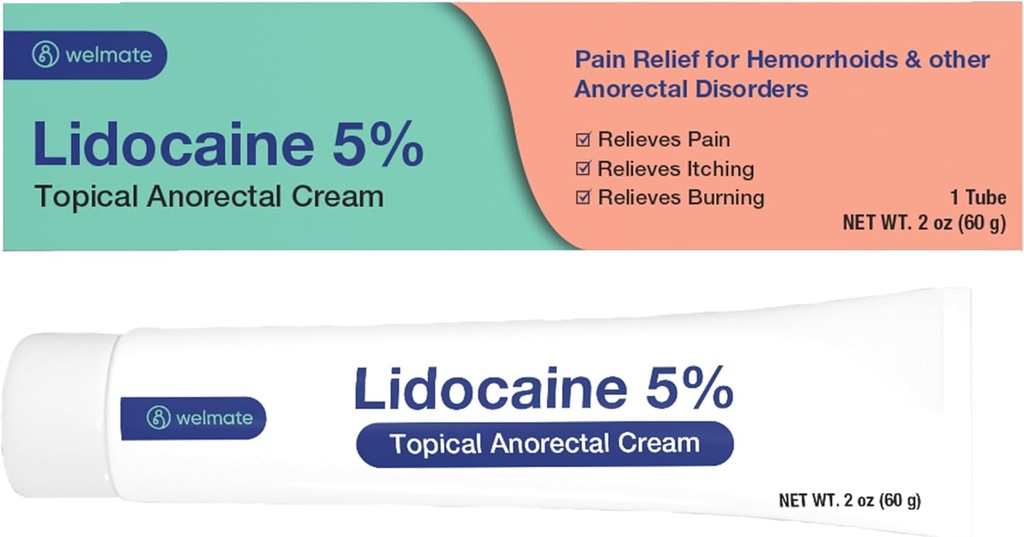 WELMATE - 5% Lidocain Numbing Cream, 2oz (60g) - Maksimal styrke Lidocain Cream - Hæmorroid Relief - Ekstern brug Anæstetisk, E-vitamin - Barn resistent - Aktuel hudpleje