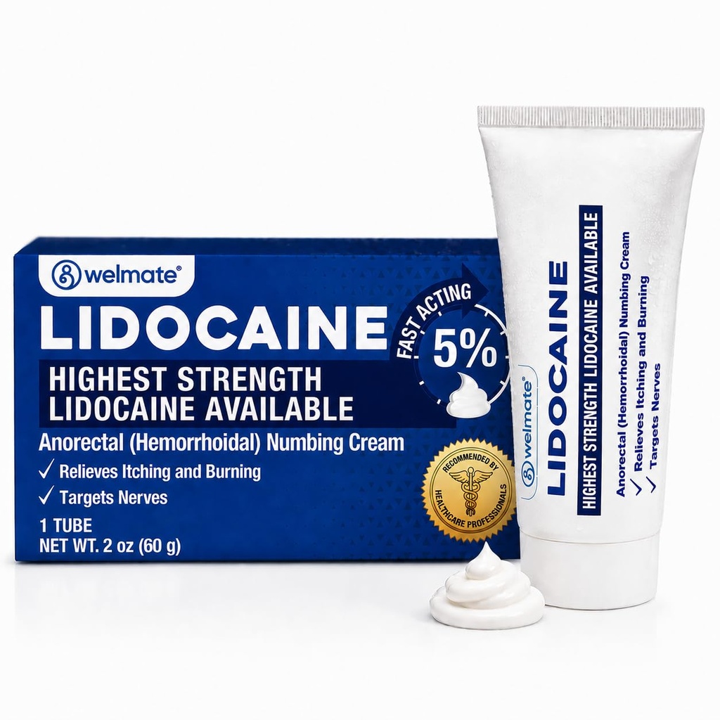 WELMATE - 5% Lidocain Numbing Cream, 2oz (60g) - Maksimal styrke Lidocain Cream - Hæmorroid Relief - Ekstern brug Anæstetisk, E-vitamin - Barn resistent - Aktuel hudpleje