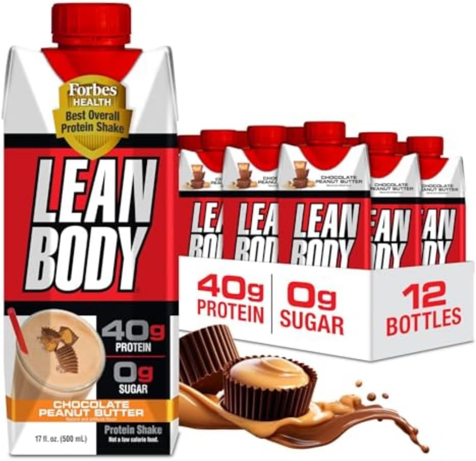 Lean Body Ready- to- Drink Protein Shake, 40g Protein, Whey Blend, 0 Sugar, Gluten Free, 22 Vitamin & Minerals, (Genopladelig Carton & Lid - pakke med 12) LABRADA (Chokolade Peanut Butter)