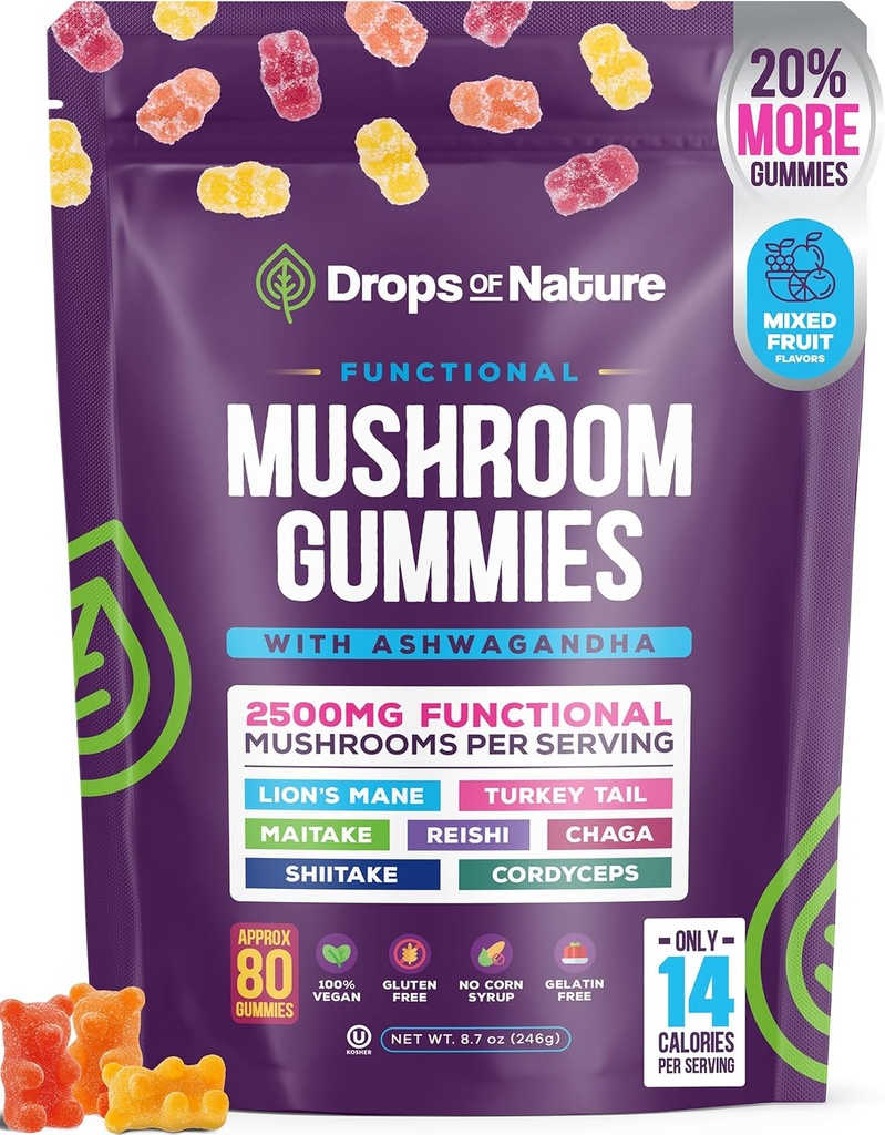 Ashwagandha Gummies og Lions Mane Mushroom Gummies Supplement - Økologisk - Reishi, Cordyceps, Tyrkiet Hale, Maitake, Shitake, Chaga - Immunforsvar, Øger kognitiv ydeevne, Vegan, Lave Carb