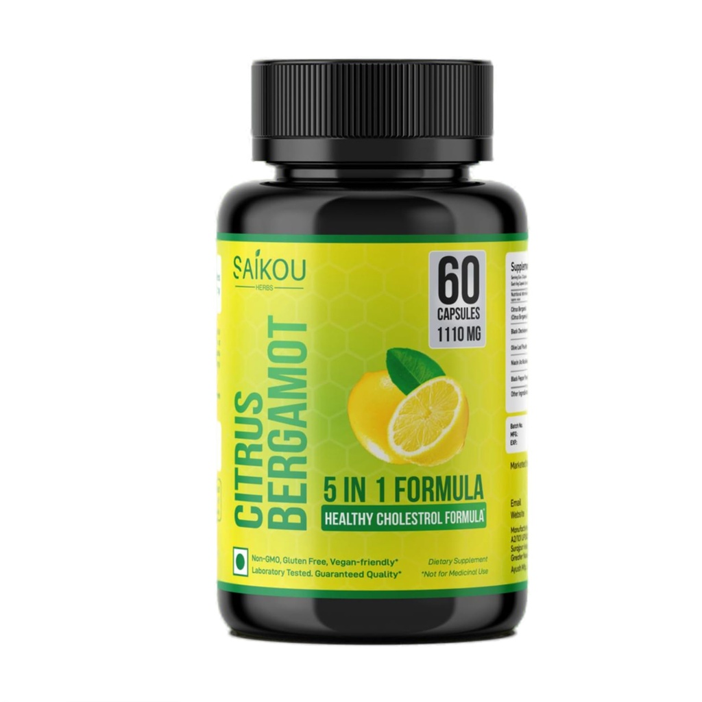 Citrus Bergamot 1110mg - 25: 1 Extract - High Potency Supplement with Black Choke Berry, Niacin, Olive Leaf & Black Pepper Extract - Vegan - 60 Kapsler