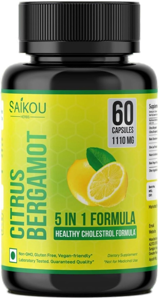 Citrus Bergamot 1110mg - 25: 1 Extract - High Potency Supplement with Black Choke Berry, Niacin, Olive Leaf & Black Pepper Extract - Vegan - 60 Kapsler