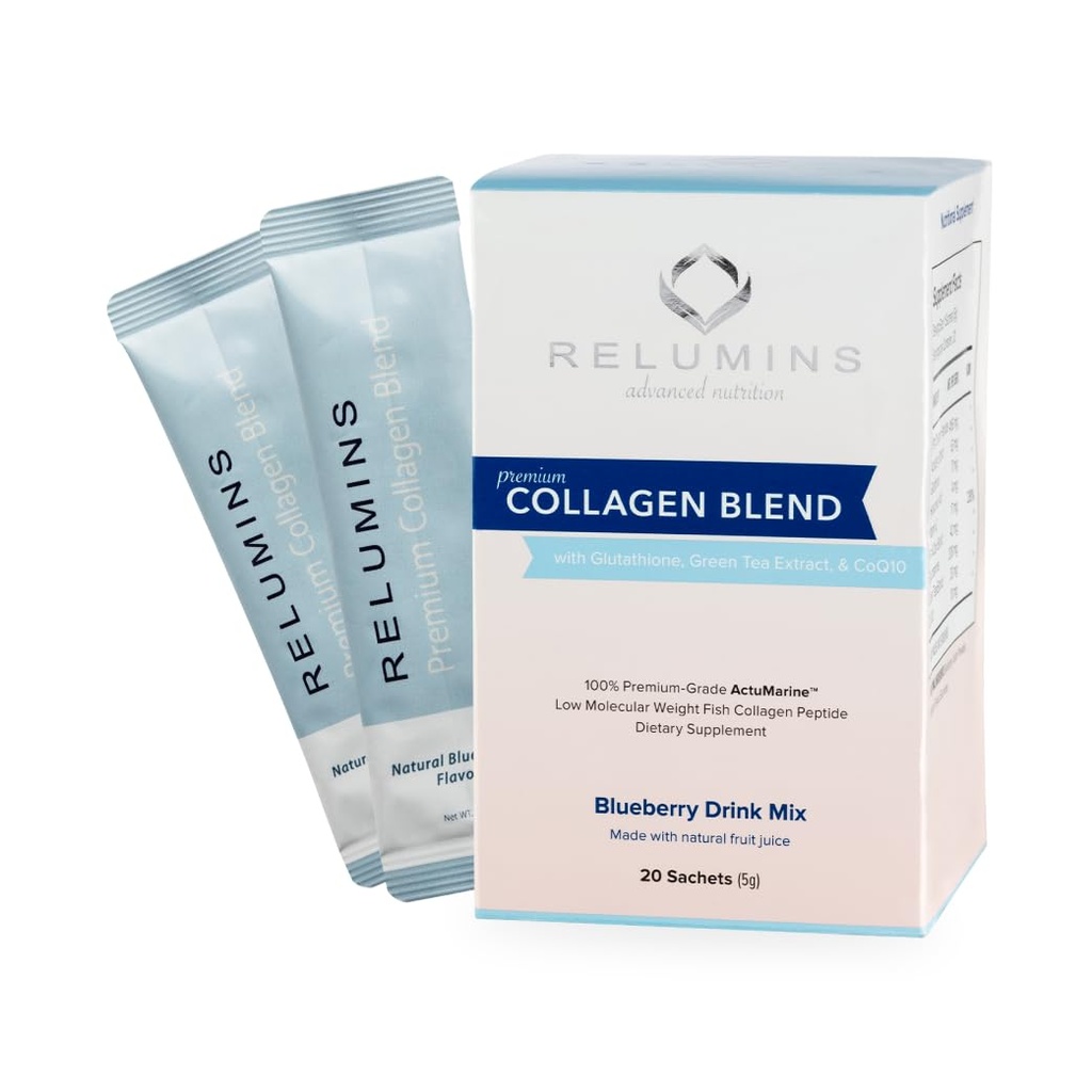Reluminer Marine Collagen Powder Drink Mix - Collagen Peptid med Glutathione, grøn te, CoQ10, & Hyaluronsyre fremmer glødende hud - 10 Powder Sachets - Blåbær smag