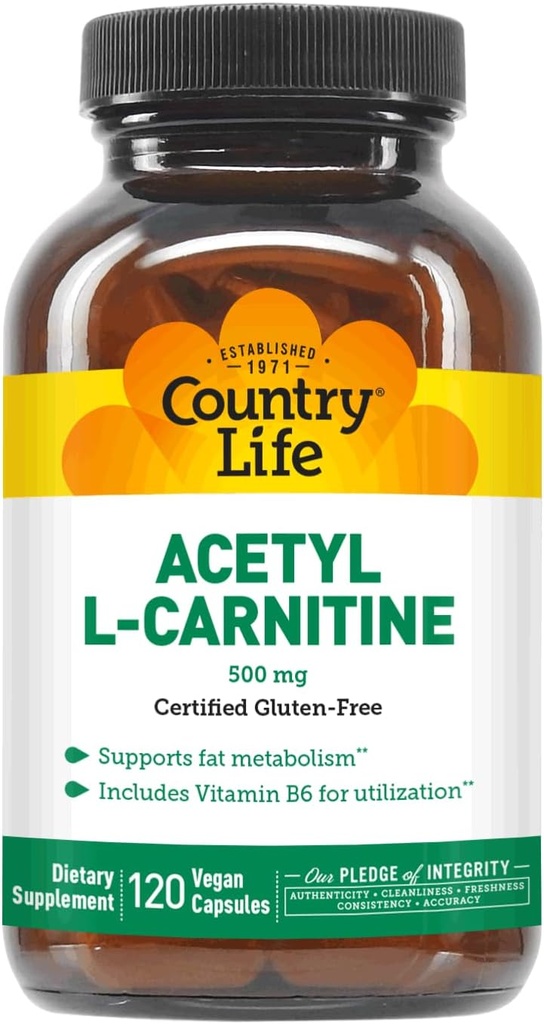 Country Life Acetyl L- Carnitin, 500 mg, med B- 6 - 120 Vegankapsler