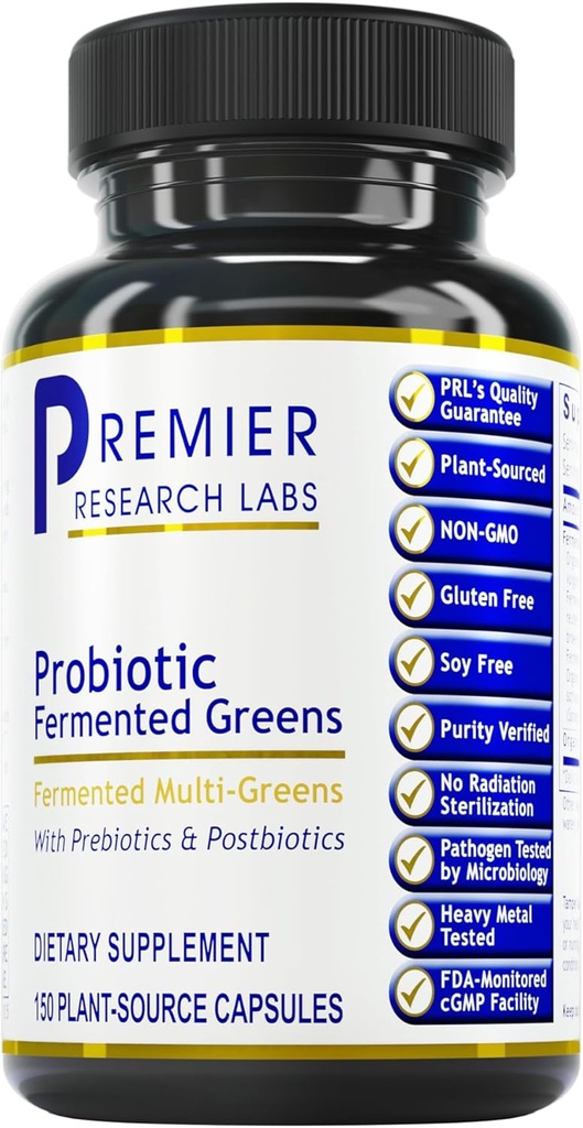 Premier Research Labs Probiotic Fermented Green - Super Greens Supplement, Superfood Blend, Organic Vitaminer med Probiotic - Daily Green med spinat, Chlorella, & Mere - 150 Powder Fyldt kapsler