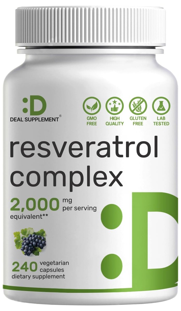Resveratrol Complex 2,000mg, 240 Veggie Capsules - Extra Strength Trans- Resveratrol med NAD, Quercetin, Curcumin, Grape Seed & Mere - sund aging antioxidant til energi & hjerne Support