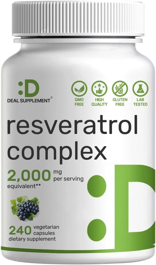Resveratrol Complex 2,000mg, 240 Veggie Capsules - Extra Strength Trans- Resveratrol med NAD, Quercetin, Curcumin, Grape Seed & Mere - sund aging antioxidant til energi & hjerne Support