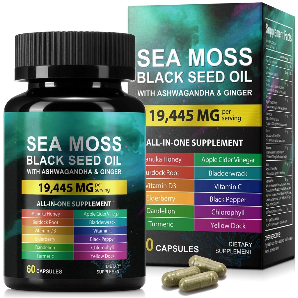 Sea Moss Black Seed Oil Ashwagandha Ingefær, Sea Moss Capsule Supplement med gurkemeje Burdock Root Bladerwrack Vitamin C Vitamin D3 Forbedret immunitet & energi Black Seed Oil Capsule 60 Count