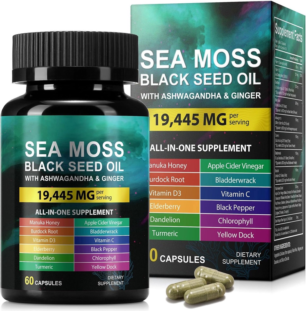 Sea Moss Black Seed Oil Ashwagandha Ingefær, Sea Moss Capsule Supplement med gurkemeje Burdock Root Bladerwrack Vitamin C Vitamin D3 Forbedret immunitet & energi Black Seed Oil Capsule 60 Count