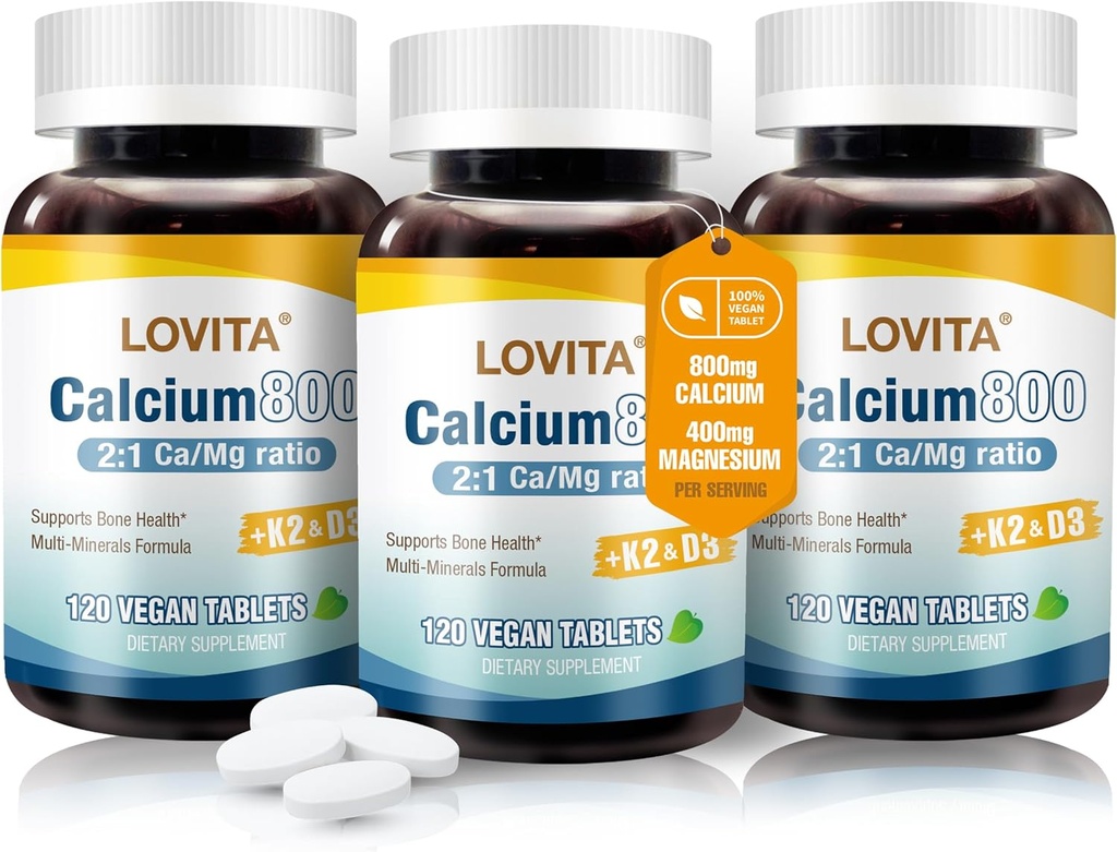 Lovita Calcium Citrate 800 mg med Magnesium, D3- vitamin & K2, Bone Strength & Density Supplement for kvinder & mænd, Understøtter tænder, immunforsvar, Gluten Free, Non- GMO, 360 Veganske tabletter