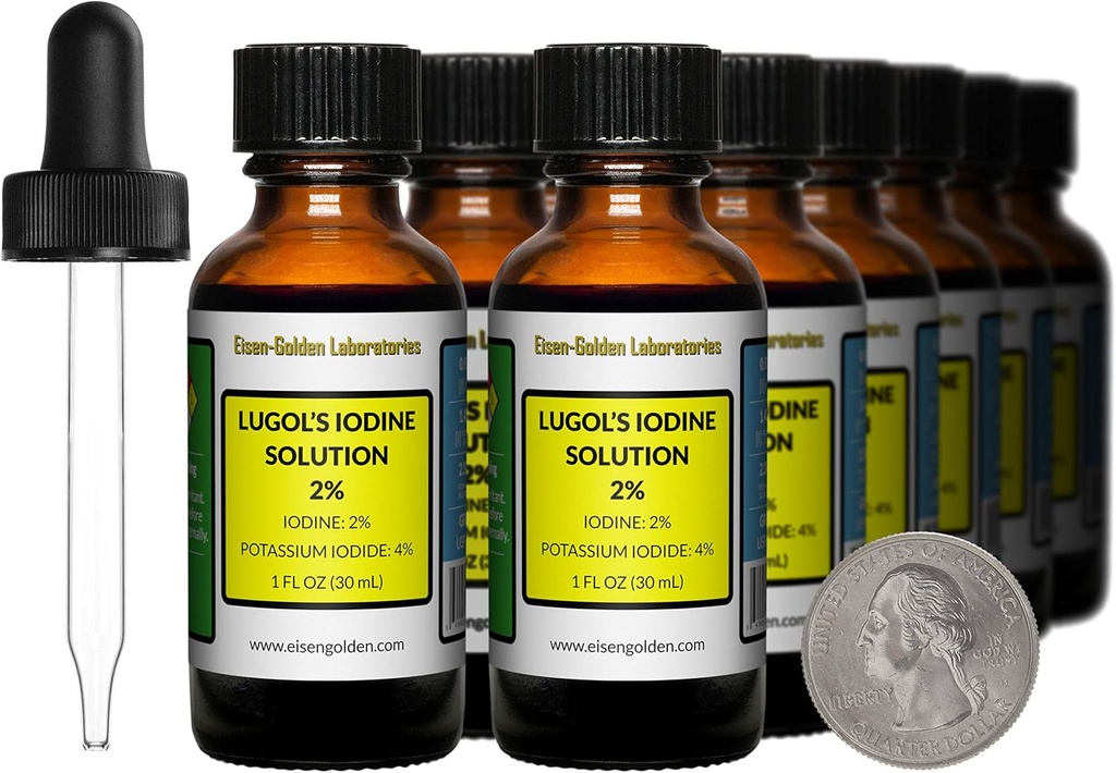 Lugol 's Jod / 2% opløsning / 12 Oz i 12 Amber glasflasker / Free Droppers / USA