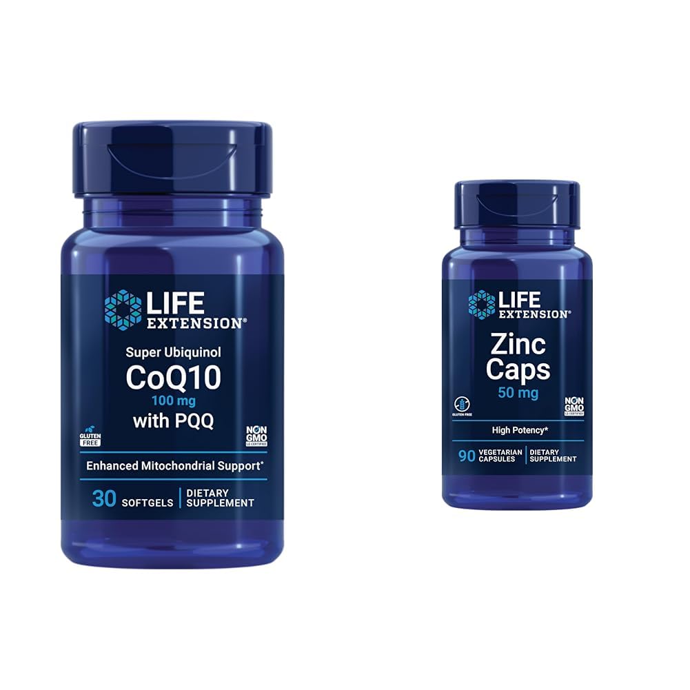 Life Extension Super Ubiquinol CoQ10 med PQQ, CoQ10, PQQ, shilajit, Heart Health & Zink Caps, zink 50 mg, zink Citrat, Support The Body 's Immunforsvar