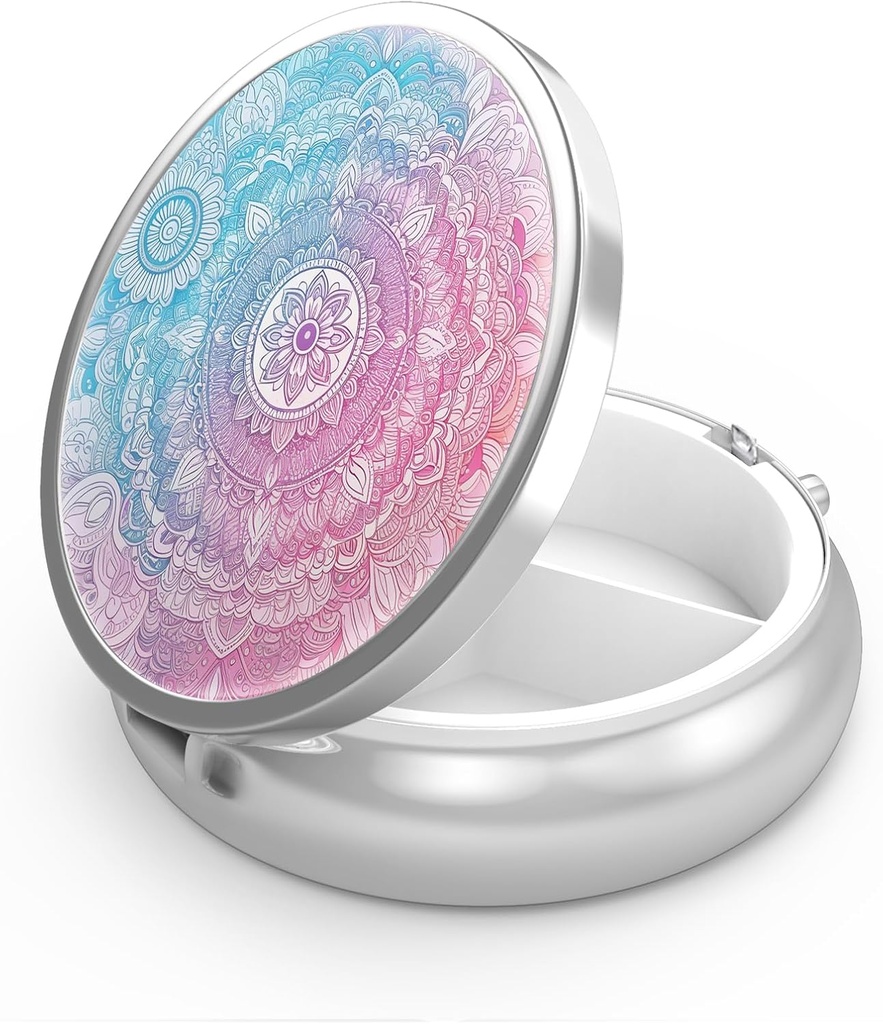 Pill Box 3 Segment Lille Pill Case, Portable for Pocket eller Purse Pill Organizer Pill Container Holder til at holde vitaminer, medicin, fiskeolie og kosttilskud (Mandala Bright)