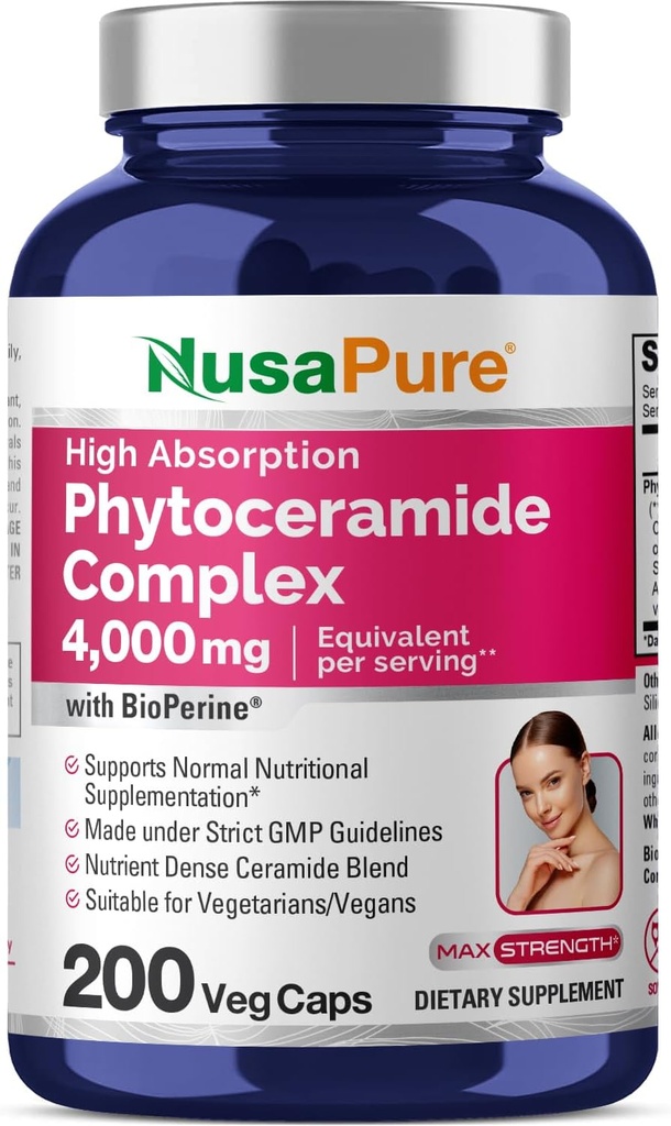 NusaPure Phytoceramid Complex 10: 1 Extract, 1030 mg Tilsvarende 4000 mg 200 Veggie Capsules (Non- GMO) Bioperine