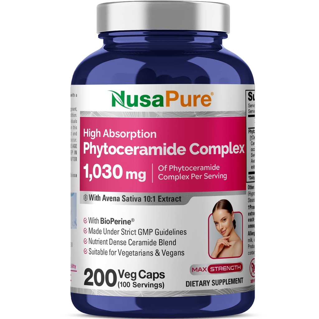 NusaPure Phytoceramid Complex 10: 1 Extract, 1030 mg Tilsvarende 4000 mg 200 Veggie Capsules (Non- GMO) Bioperine