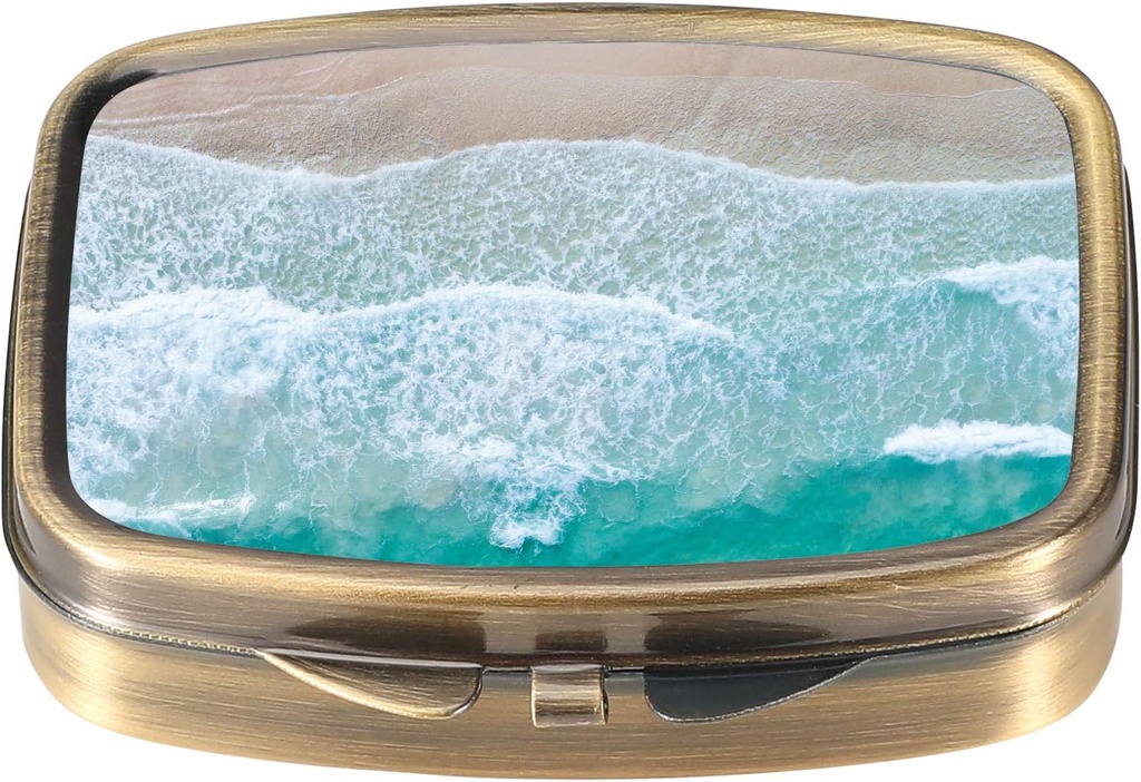 Dynippy Pill Case Pill Box med spejl Retro Pocket 2 Compartment Medicine Case Vitamin Pill Organizer for Pocket Purse and Travel (A-Sandy Beach)