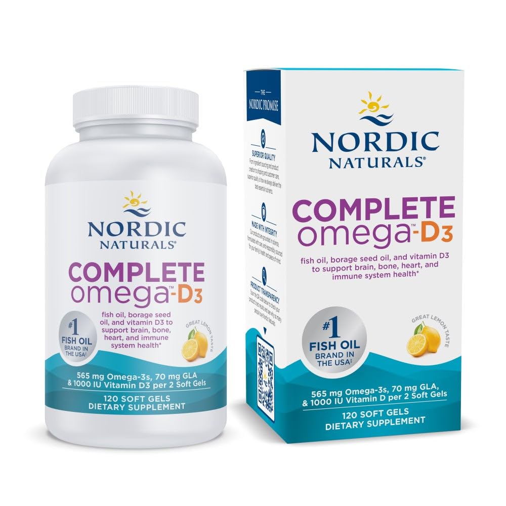 Nordic Naturals Complete Omega- D3, Lemon Flavor - 120 Soft Gels - 565 mg Omega-3 + 70 mg GLA + 1000 IE vitamin D3 - EPA & DHA - Sund hud, kognition, positiv mood - ikke-GMO - 60 Servering