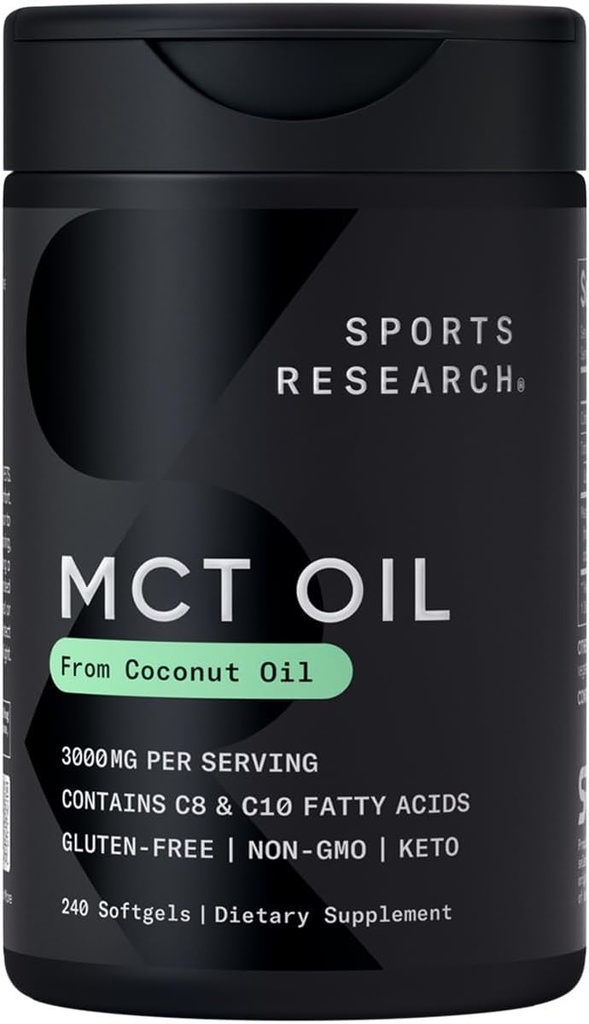 Sportsforskning Keto MCT Oil Pills fra kokos olie Budd124; Keto Brændstof til hjernen & kroppen - Non- GMO Verified, Soy & Gluten Free Liquid Softels (240 Greve)
