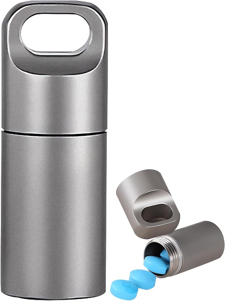 Lille Keychain Pill Holder, 304 rustfrit stål Portable Pill Case Organizer for Rejser, Vandtæt Pocket Pill Container Medicin Box for Purse Mænd (Mini Pill Case), Sølv