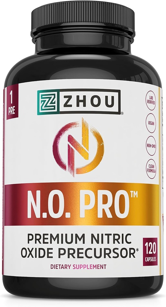 Zhou N.O. Pro - Premium nitrogenoxid supplement til mænd og kvinder, hjerte, muskel & blod støtte med Beet Root & L Arginin, naturlige nitrogenoxid booster - 120 Veggie kapsler