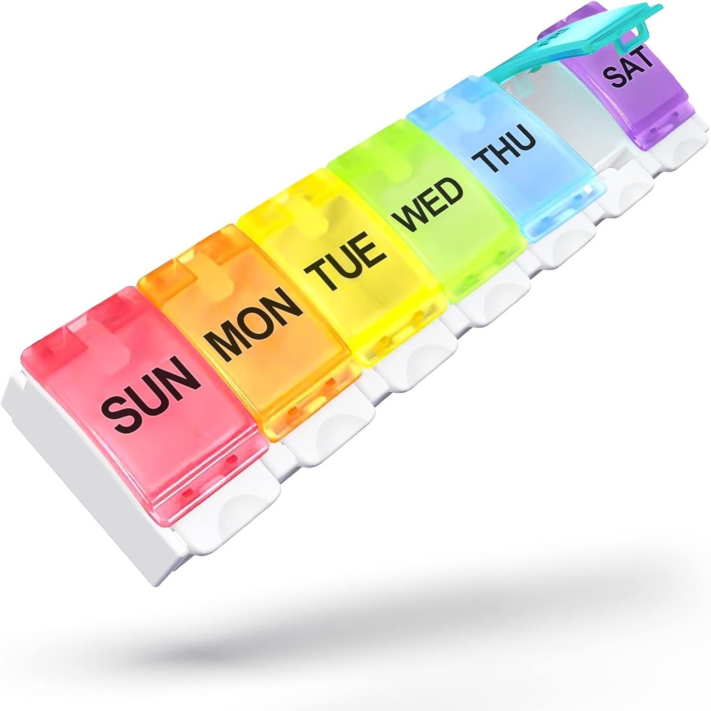 Sukuos Stor Ugentlig Pill Organizer 7 dag, Daily Pill Box med nem trykknap transportabel Pill sag for medicin / Vitamin / Fish Oil / Kosttilskud, Medicin Holder (Rainbow)