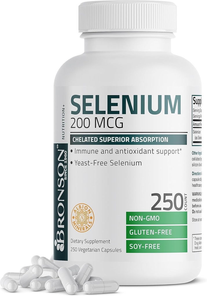 Bronson Selenium 200 mcg - Gær Free Chelated Aminosyrekompleks - Essential Trace Mineral med Superior Absorption, 250 Vegetariske kapsler
