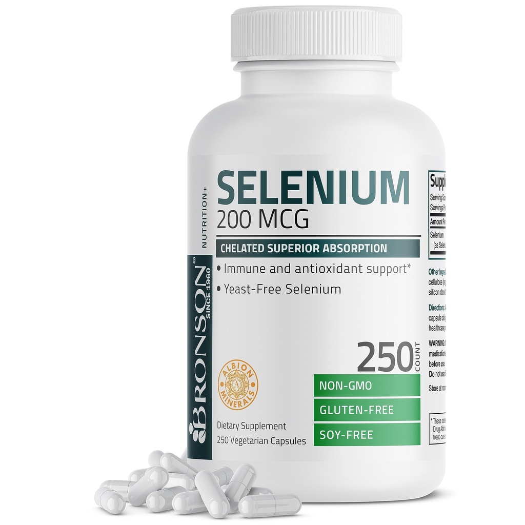 Bronson Selenium 200 mcg - Gær Free Chelated Aminosyrekompleks - Essential Trace Mineral med Superior Absorption, 250 Vegetariske kapsler