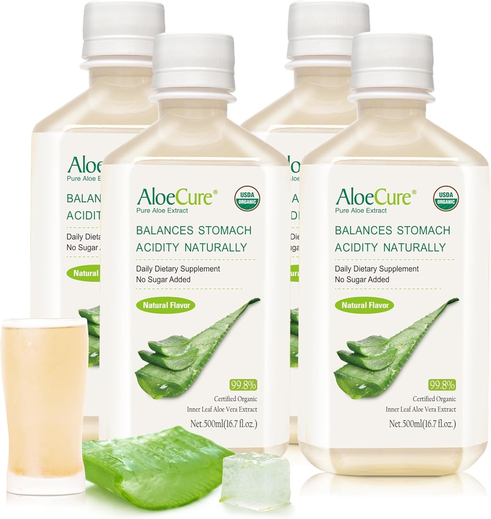 AloeCure USDA Organic Aloe Vera Juice Made within 12 timer af Høsten - Pure Aloe Juice Natural fordøjelsestillæg til støtte fordøjelse, immunsystem og Balanceret Mavesyre, 4 x 500 ml flasker