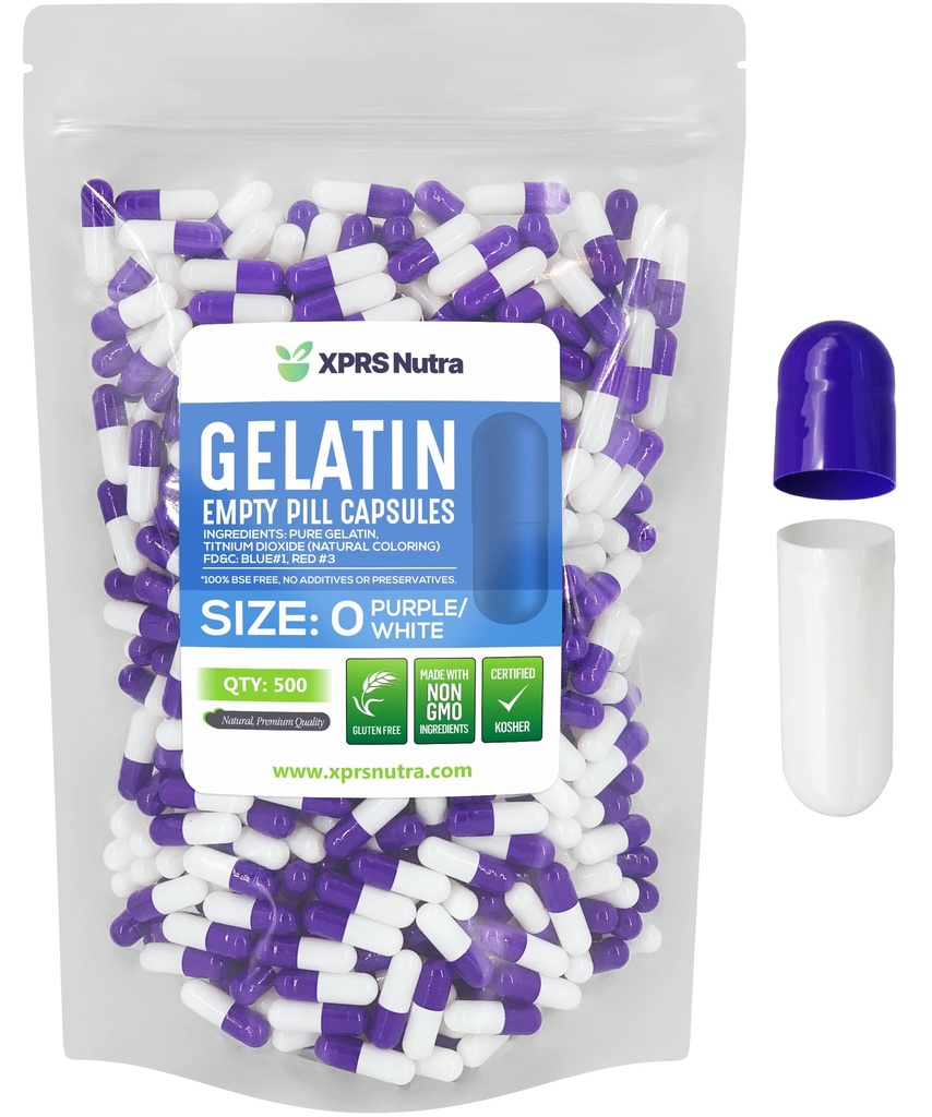 XPRS Nutra Størrelse 0 Tomme kapsler - 500 Tomme Gelatine kapsler - Piller gør det - Pure Bovin Pill Gel Caps til Do- It- Yourself Kosttilskud (lilla / hvid)