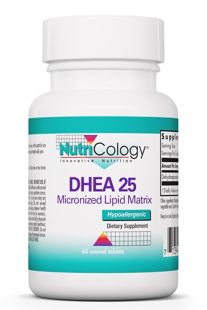 Nutricology DHEA 25mg Supplement - Mikroniseret Lipid Matrix, Hormone Support, Support til kvinder & mænd, Hypoallergen, Soy- Free, Scored Tablets - 60 Count