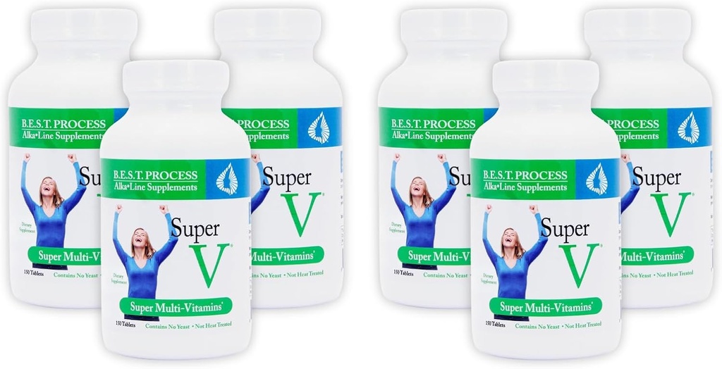 SuperV (6 Pack) Bedste Process AlkaIine - Energigivende & afgiftende Multivitamin - Vitamin & Mineraler med fordøjelige enzymer, Superfood og urter