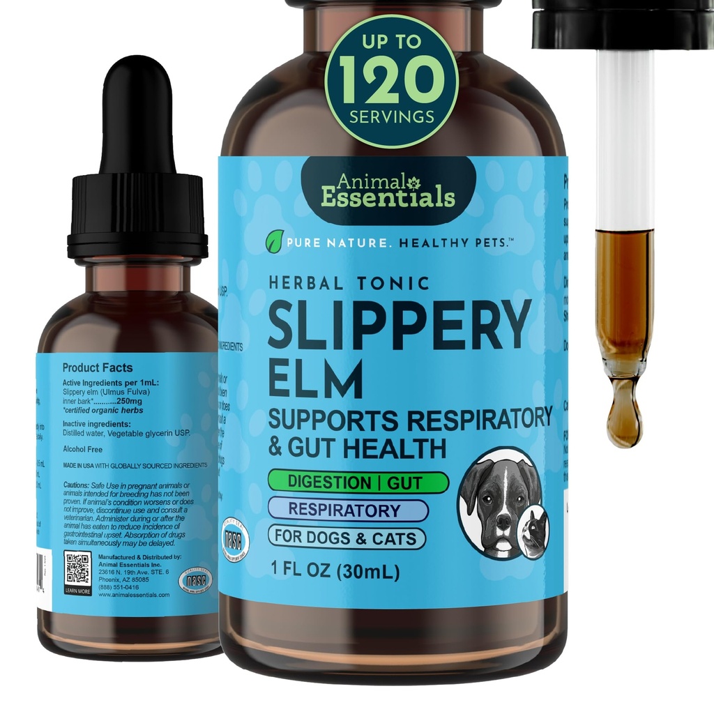 Animal Essentials Slippery Elm - Slippery Elm Bark Anti Diarré Drops til hunde og katte, Organic Herbal Extract for Sund Gut, fordøjelig & Hals Support, Hjælper Acid Reflux, Flydende Formula - 1 fl oz