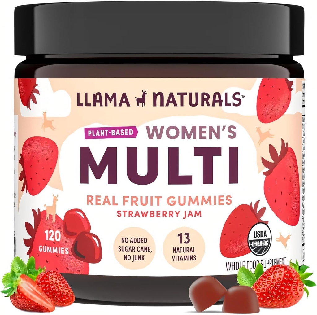 Llama Naturals Multivitamin til kvinder, Vegansk, Økologiske Gummier med D-vitamin, C og K, Kvinder Real Fruit Gummy Vitaminer, Chewable Multivitamin Supplement, Ingen Tilføjet sukkerrør, Jordbær, 120 Ct