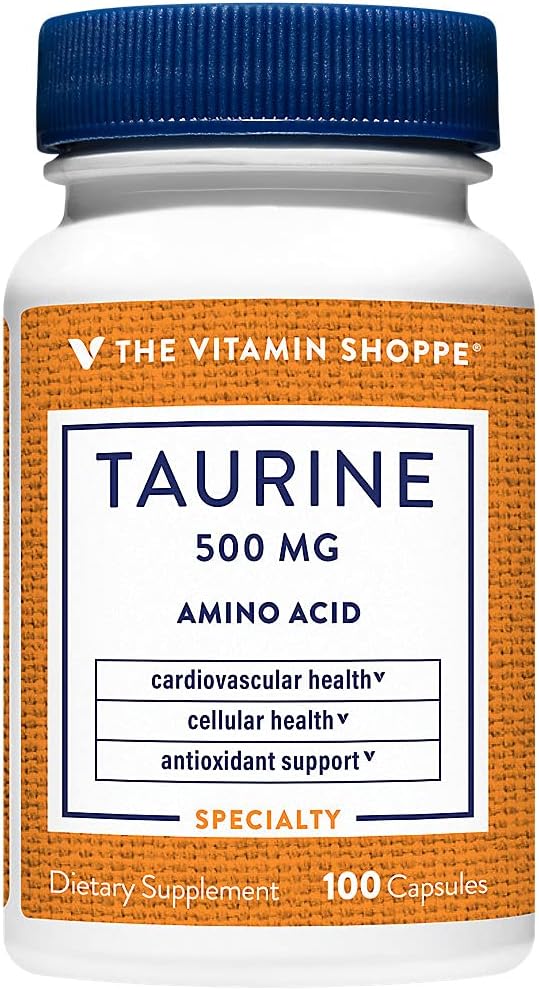 Den Vitamin Shoppe Taurine 500MG, En fri form Aminosyre, Antioxidant, der understøtter cellular og cardiovaskulær sundhed med B6-vitamin, hjerne og hukommelse støtte (100 kapsler)