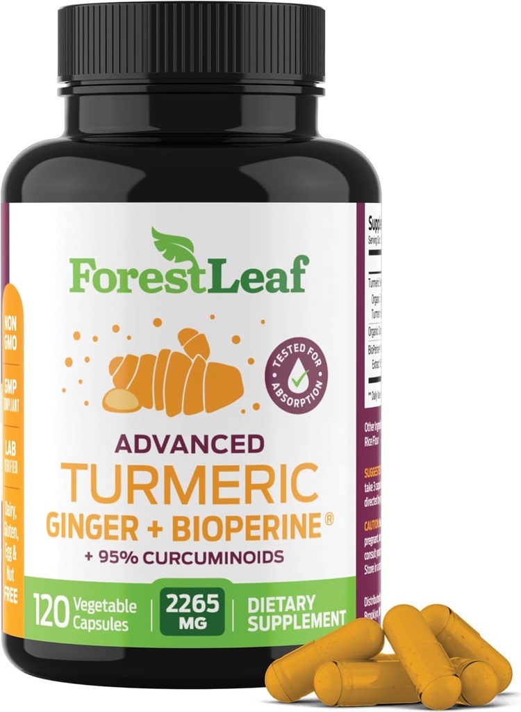Gurkemeje Supplement Ekstra Styrke 2265mg - Gurkemeje Supplement w / BioPerine Black Pepper - Tumerisk og ingefær Kosttilskud, 95% Curcuminoider, understøtter immunforsvar og fælles sundhed, 120 Caps