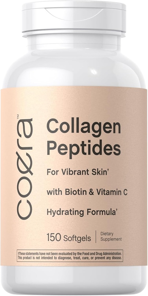 Horbäach Collagen Peptide Pills | 150 Softgel Capsules | for Vibrant Skin | Biotin & Vitamin C | Grass Fed, Non-GMO, Gluten Free Supplement | Coera