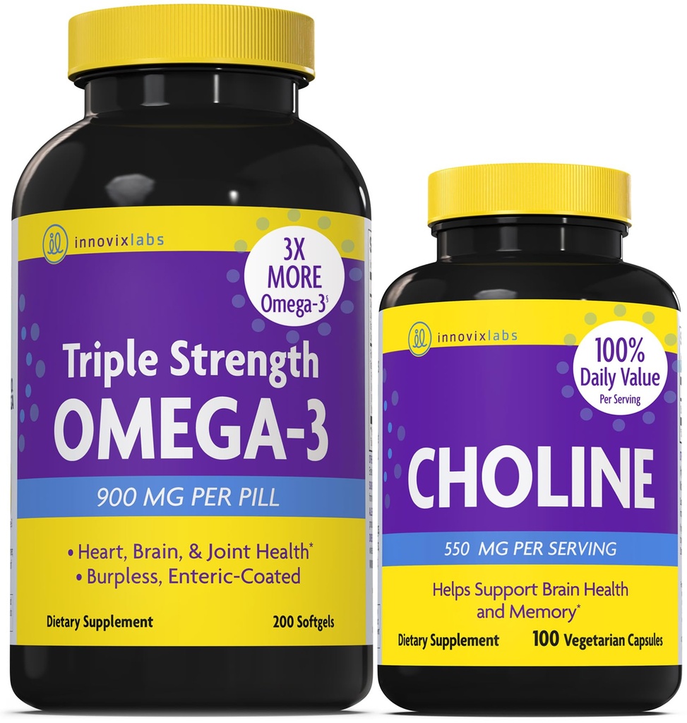 InnovixLabs Cholin & Triple Omega-3 Bundle Cholin Bitartrate 550mg (100 kapsler) Triple Strength Omega (200 Softgels). Understøtter hukommelse, mood, hjerne sundhed & boost kognitiv. *