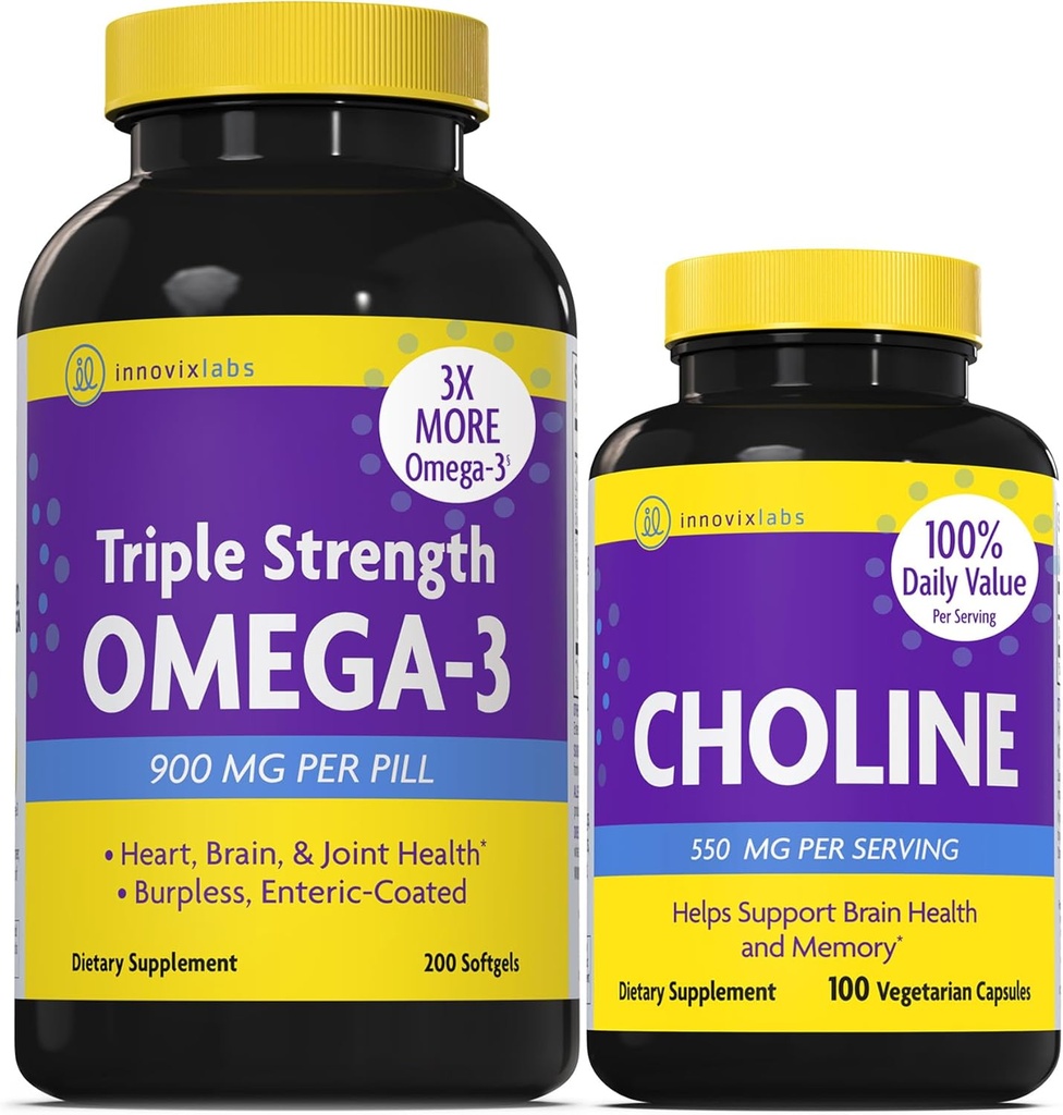 InnovixLabs Cholin & Triple Omega-3 Bundle Cholin Bitartrate 550mg (100 kapsler) Triple Strength Omega (200 Softgels). Understøtter hukommelse, mood, hjerne sundhed & boost kognitiv. *