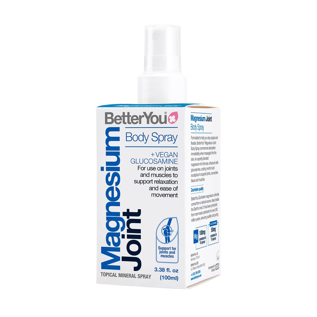 BetterYou Magnesium Joint Body Spray - Muscle Relief Spray - tematisk Magnesiumchlorid og glucosamin - Cooling Menthol og Eucalyptus - 3,38 oz