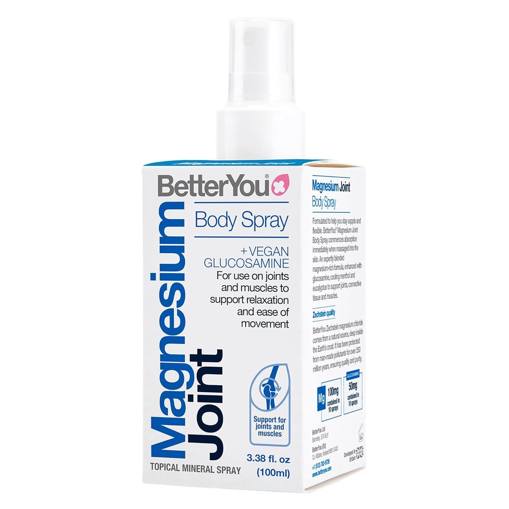BetterYou Magnesium Joint Body Spray - Muscle Relief Spray - tematisk Magnesiumchlorid og glucosamin - Cooling Menthol og Eucalyptus - 3,38 oz