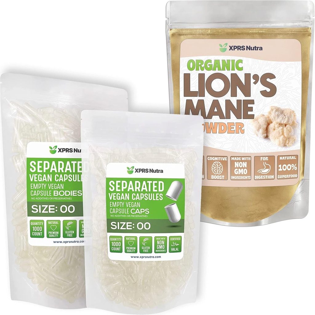 XPRS Nutra Separated Størrelse 00 Kapsler (1000 Tæl) med Lions Mane Powder (8 Ounce) Bundle