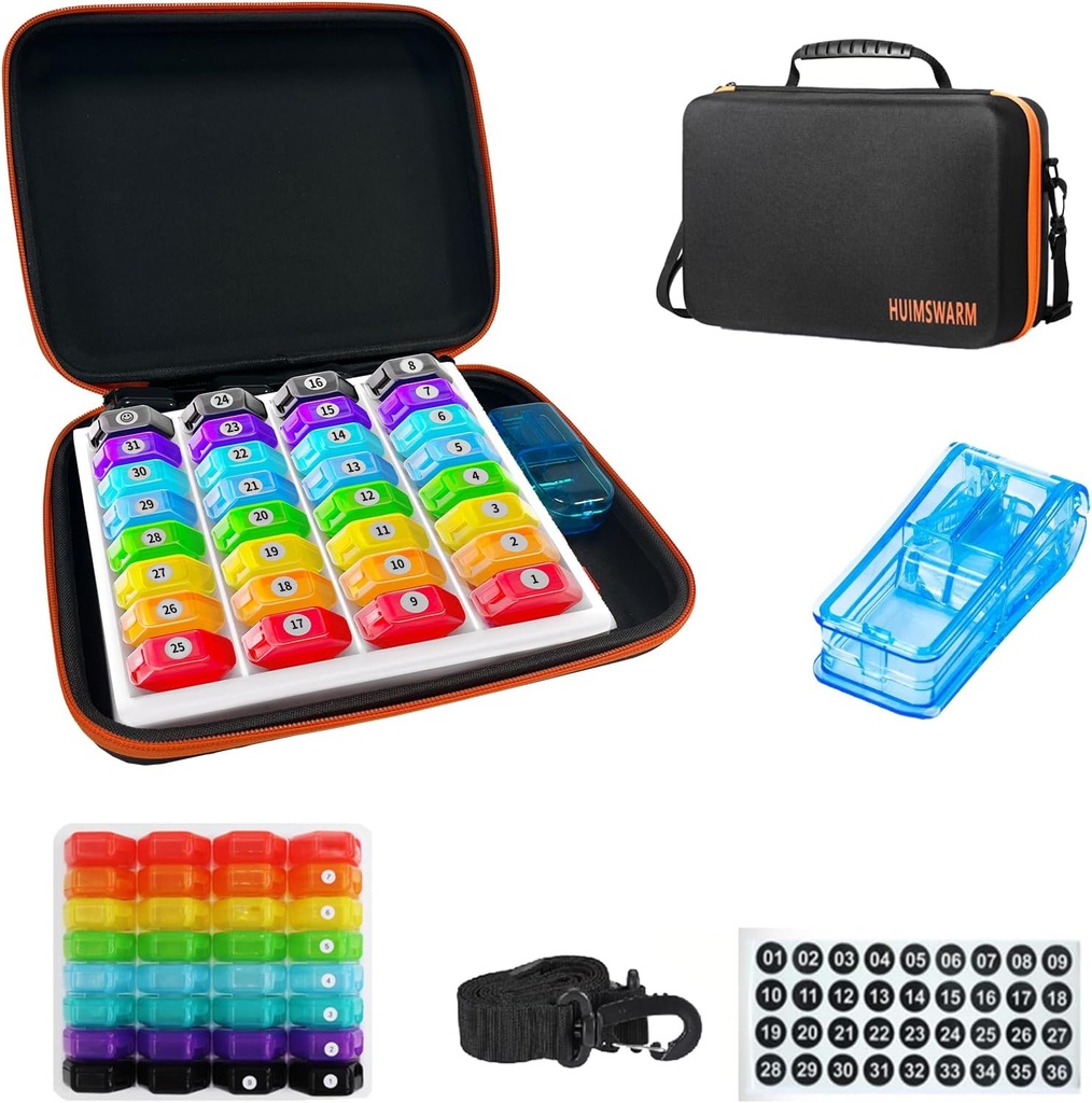 Månedlig Pill Organizer 1Time A Day, Pill Organizer Månedlig 1Time A Day med 32 Daily Compartments & 1Pill Cutter & 1Travel Case & 1Shoulder Straps & 2PCS 31 Days Sticker. Komfortabelt håndtag, BPA- Free.