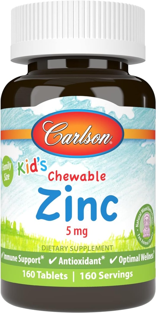 Carlson - Kid's Chewable Zinc, 5 mg, Health Support, Natural Mixed Berry Flavor, 160 Tablets