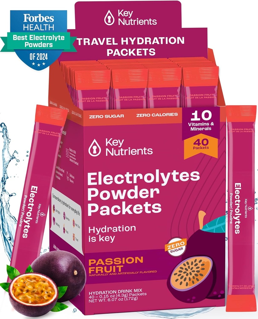 KEY NUTRIENSER Multivitamin Electrolytes Powder Packets - Lækker Passionsfrugt 40 Pack Hydration Packets - Rejse Hydration Powder - Ingen Sukker, Ingen Kalorier, Gluten Free - Made in USA
