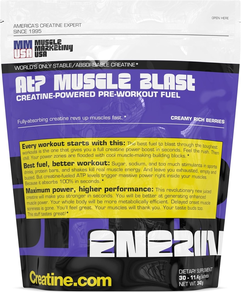 MMUSA ATP Muscle Blast: World's Only Stable Creatine Energy Drink. Instant Absorption. Immediate Boost for Intense Bodybuilding, Endurance Sports. Train Harder, Recover Faster. 30 sachets, 11.4g Each