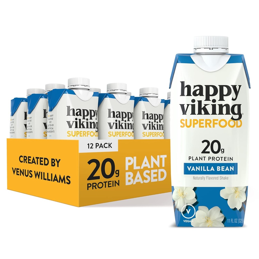 Vanilla Bean Vegan Plant Protein Shakes by Happy Viking, Created by Venus Williams, 20g protein, Omega-3, 9 Aminosyrer og BCAA, Gluten- Free, Non- GMO, Klar til at drikke, Pack of 12 (11oz)