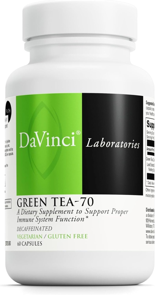 DaVinci Labs Green Tea -70 - Kosttilskud til støtte af immunsystemet, kardiovaskulær sundhed og kolesterol sundhed - Med grøn te ekstrakt - Afkodet - Glutenfri -60 vegetariske kapsler
