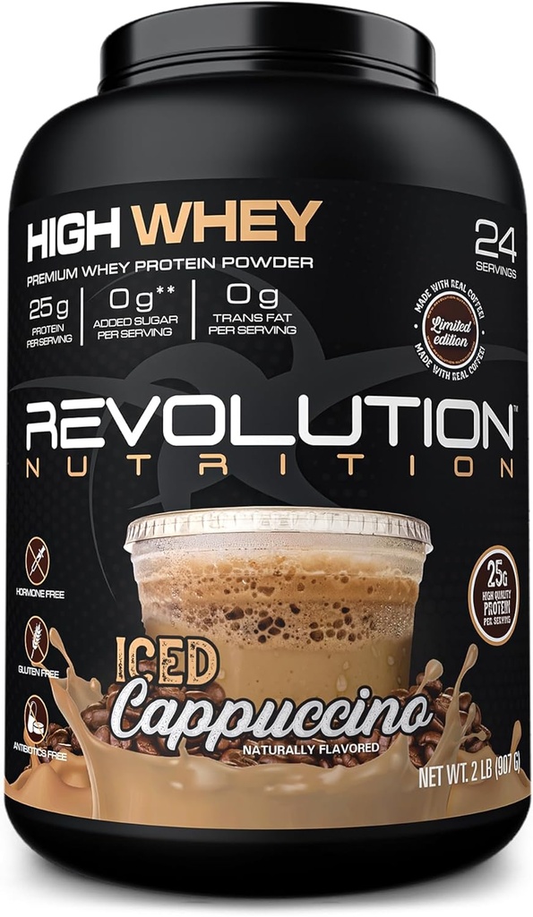 Revolution Nutrition, High Whey, Protein Powder 2LB, Whey Isolate, Gluten Free, Lean Muscle Mass for Mænd & Kvinder, 25g Protein Per Scoop, 908 g, 24 Servering (Iced Cappuccino, 2 Pund)