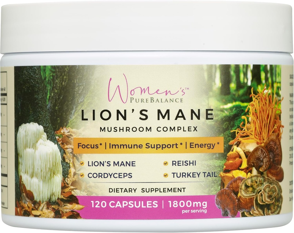 Kvinders PureBalance Lions Mane Mushroom Supplement kapsler med Reishi, Cordyceps, Tyrkiet Tail - Brain Nootrop for Memory, Focus, Natural Energy, & immunforsvar, Non- GMO (120 kapsler)