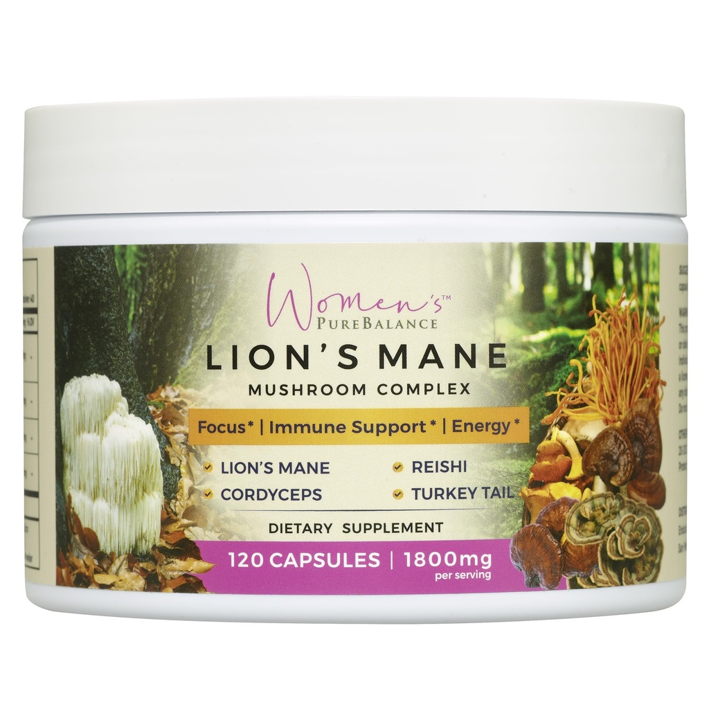 Women's PureBalance Lion's Mane Mushroom Supplement Capsules with Reishi, Cordyceps, Turkey Tail – Brain Nootropic for Memory, Focus, Natural Energy, & Immune Support, Non-GMO (120 Capsules)